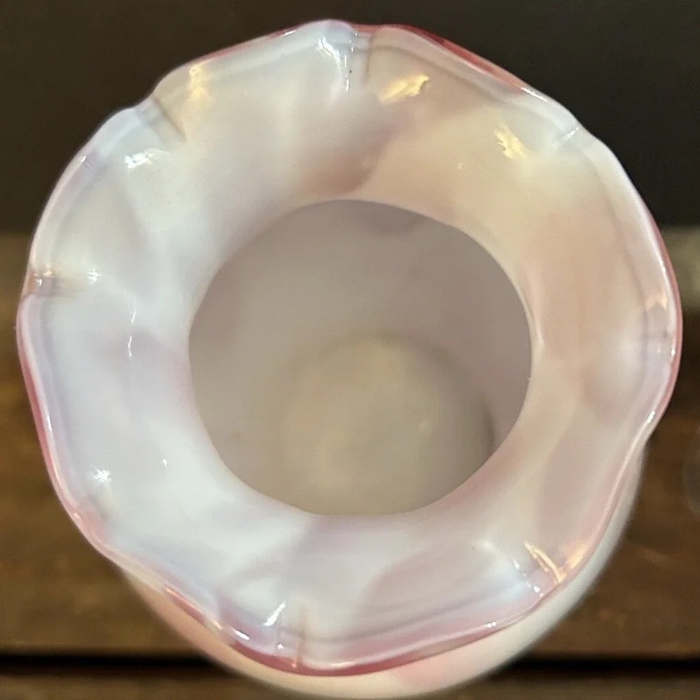 Vintage Pink and White Slag Glass Ruffled Bud Vases with Clover Base Set of 2
